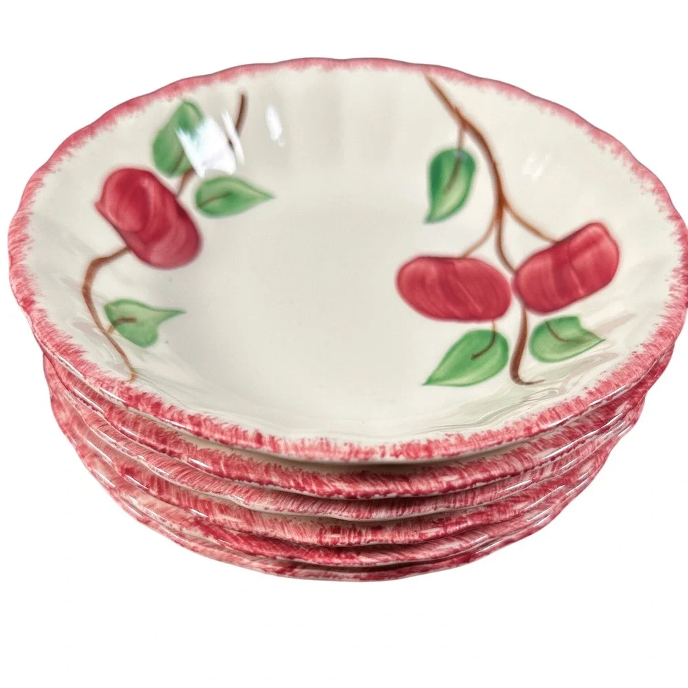 Blue Ridge Southern Pottery Hand Painted Fruit Bowls Red White Scalloped Vtg SIX